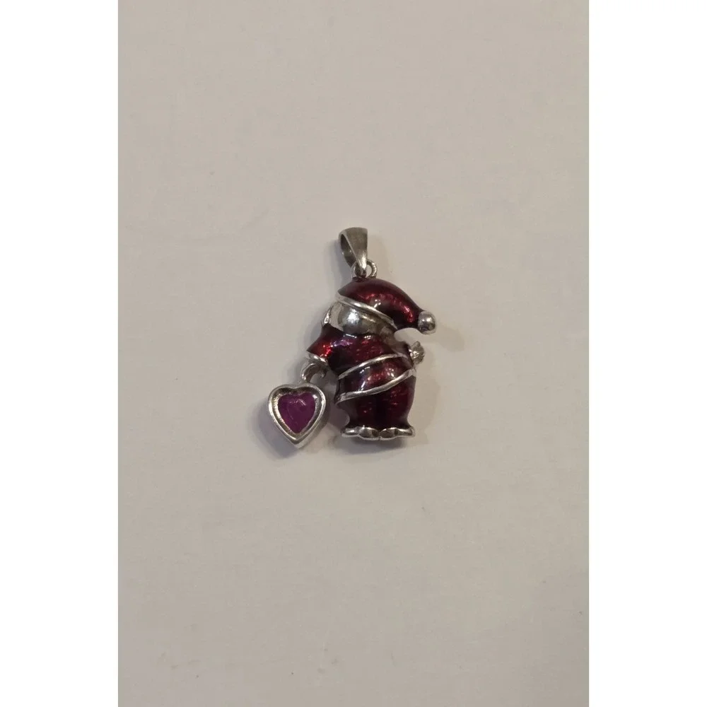 Vintage Sterling Silver Santa Claus Enamel Charm Pendant Ruby Heart OTC 925